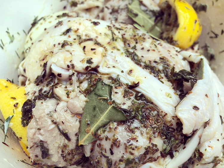 Image of Add all of the ingredients (including the lemon rinds) to a large bag and mix well. Allow to marinate in the fridge for 3-4 hours. Worst case even a half-hour works at room temp, it just won't be as flavorful.